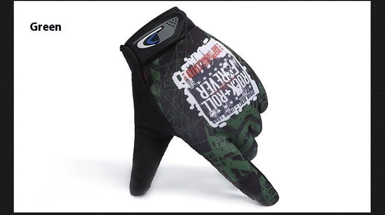 Back side of green tactical cycling glove with black and camouflage patterns featuring bold graphic design and touch screen non slip athletic functionality.