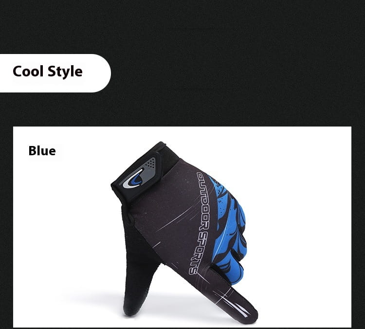 Blue and black cycling glove with a sleek sporty design featuring bold blue patterns on the back side and touch screen non slip functionality for athletic use.