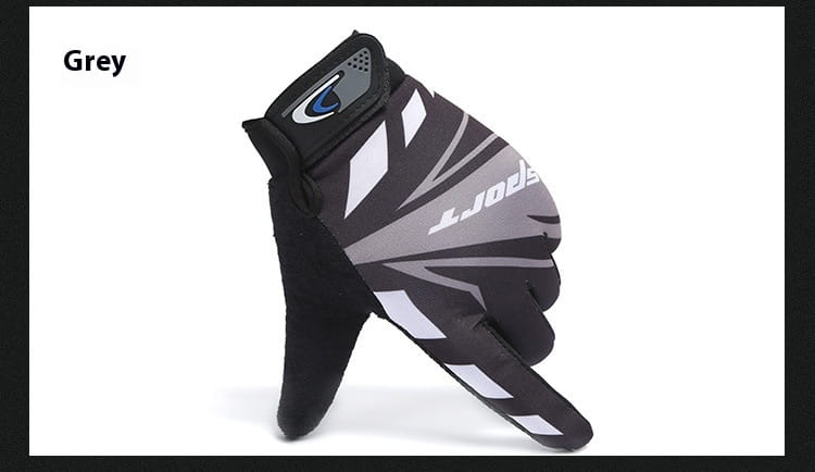 Grey athletic cycling glove with black and white geometric patterns and a branded logo on the back of the hand designed for touch screen use and non slip performance.