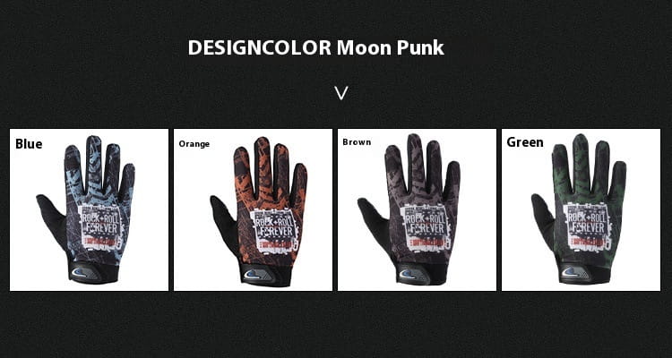 back side of designcolor moon punk cycling gloves in blue orange brown or green with camouflage pattern and rock n roll forever graphic featuring touch screen capability and non slip athletic design