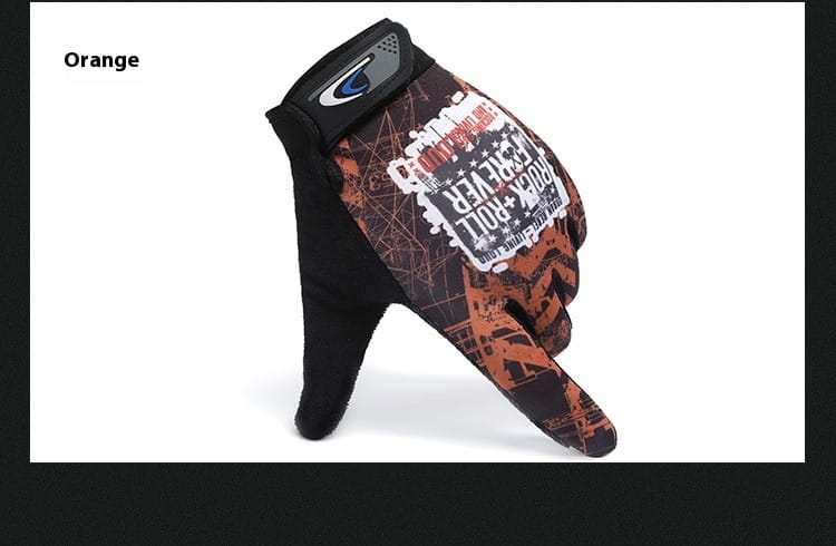 Orange and black cycling glove with a bold rock and roll forever graphic on the back side featuring touch screen capability and non slip athletic design.