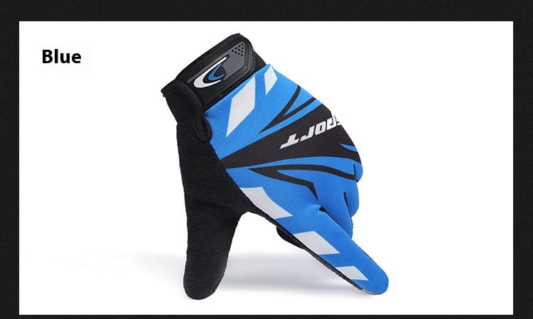 Blue and black athletic cycling glove with white geometric accents showing the back side designed for touch screen use and non slip performance.