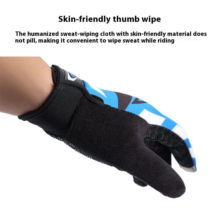 Black cycling glove with blue and white geometric patterns on the back featuring a textured thumb wipe for sweat absorption designed as a touch screen athletic non slip glove.