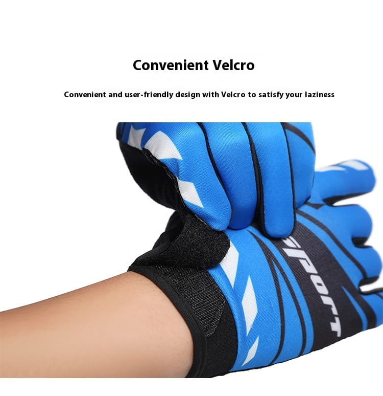 Blue and black cycling gloves with white lightning bolt patterns showing the back side featuring touch screen capability and non slip design for athletic use