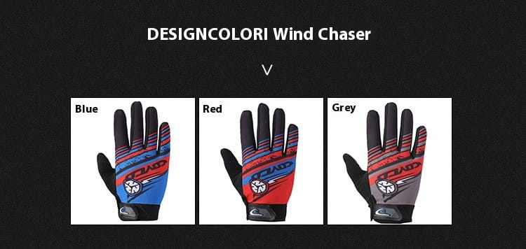 Designcolori wind chaser cycling gloves in blue, red, or grey with black palms and finger tips feature a bold striped pattern on the back side and provide touch screen compatibility and non slip grip for athletic use.