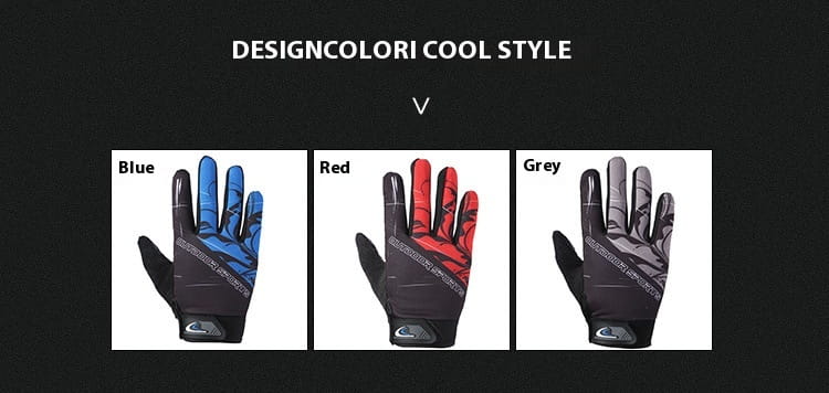 The back side of blue red and grey cycling gloves with touch screen non slip athletic design featuring black accents and bold color patterns.