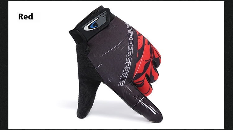 Red and black cycling glove with flame-like red patterns on the back and a gray wrist strap with a blue logo designed for touch screen use and non-slip athletic performance.