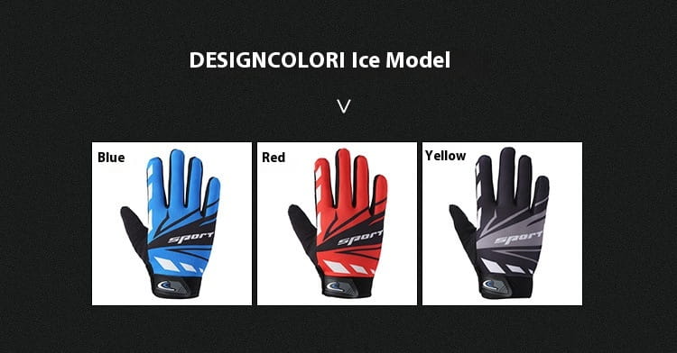 Blue red and yellow cycling gloves with touch screen capability and non slip sporty design featuring bold color blocking and the sport logo on the back side of each hand.