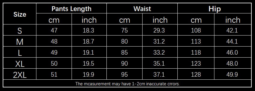 Guide des tailles pour les shorts en velours côtelé à cordon de serrage pour hommes, vêtements de sport, indiquant des mesures en centimètres et en pouces selon les tailles de S à 2XL.