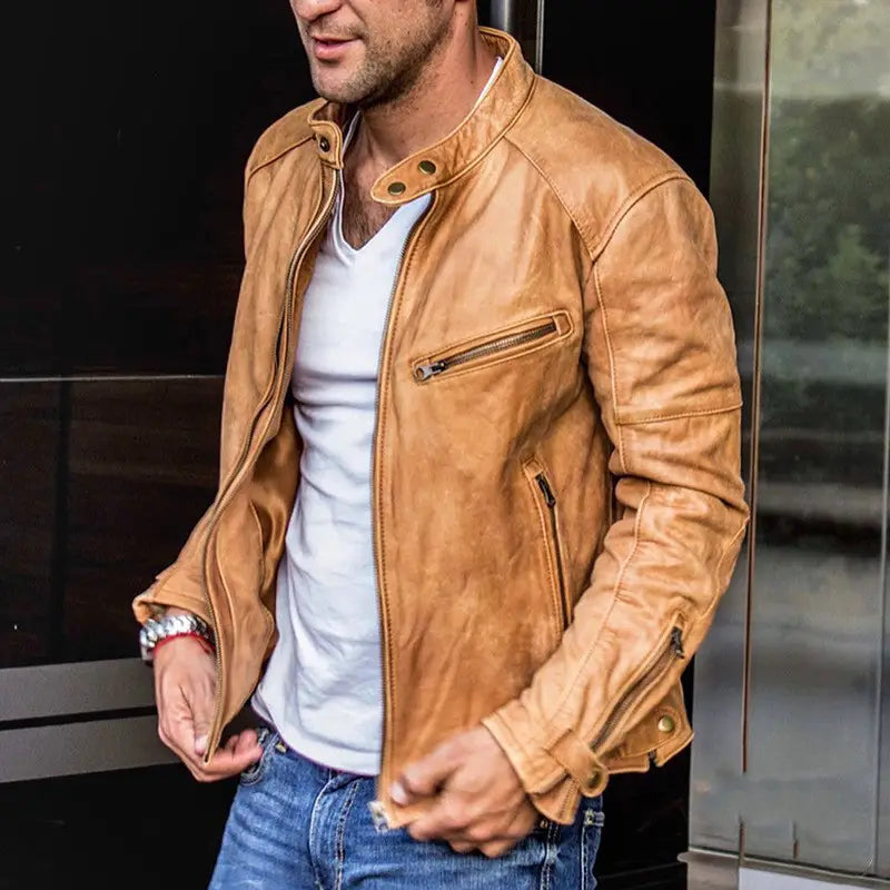 Men’s distressed pu leather motorcycle jacket in tan with classic design and zipped pockets.