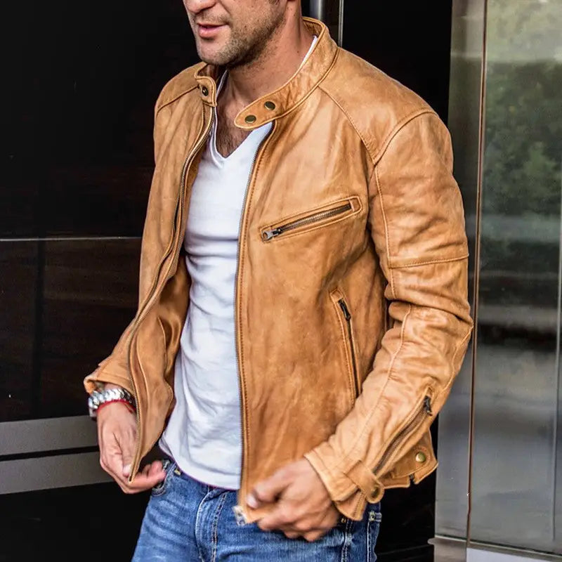Men’s distressed pu leather motorcycle jacket in tan with classic design and zipped pockets.