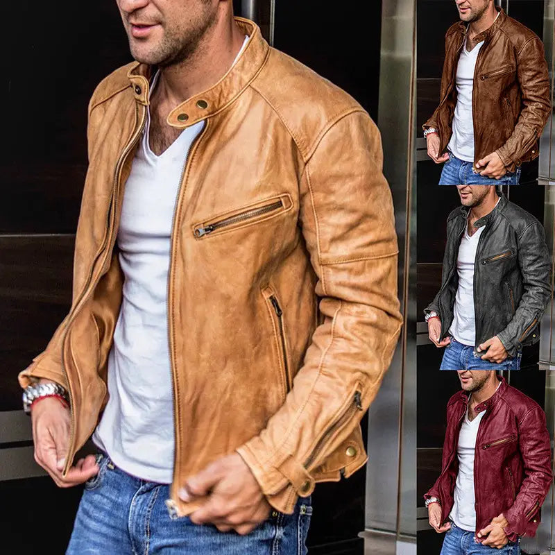 Men’s distressed pu leather motorcycle jacket in tan with classic design and front zipper closure.