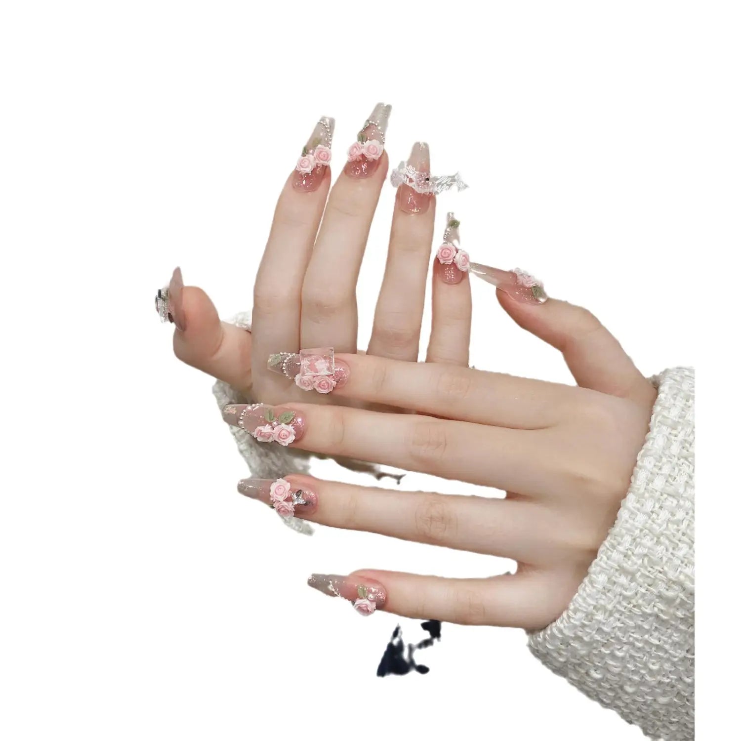 Handmade pink floral almond press on nails featuring long almond shapes with delicate pink floral embellishments and glittery accents.