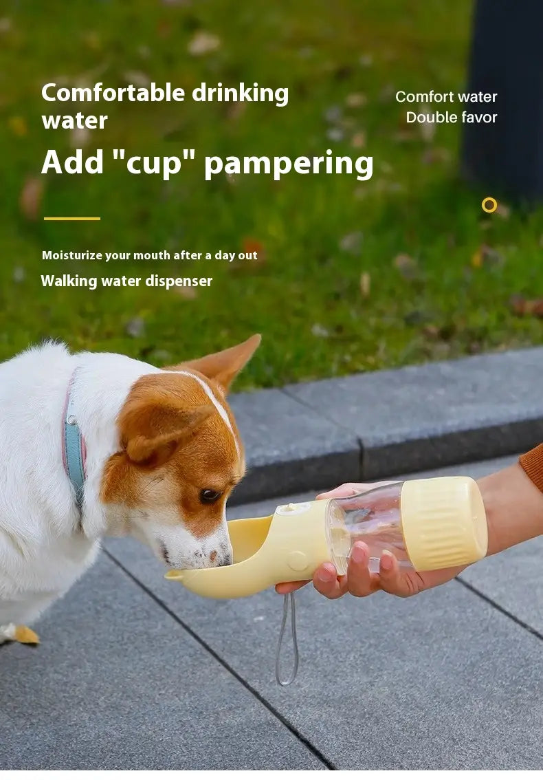 Portable cat ear pet water bottle featuring a yellow plastic water dispenser with a clear bottle and spout for easy pet hydration.