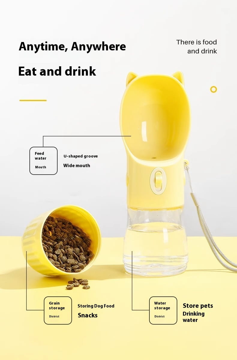 Yellow cat-shaped portable pet water bottle with a clear base for storing drinking water and a wide mouth for feeding.
