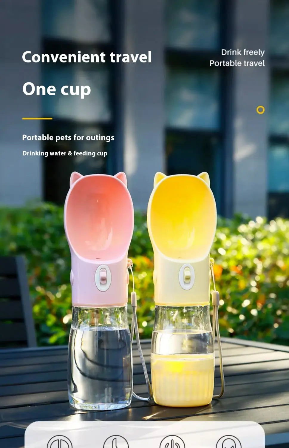 Portable cat ear pet water bottles in pink and yellow with clear glass bases for convenient pet hydration.