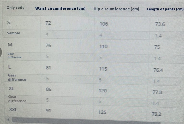 Size chart for men corduroy cargo pants showing waist hip and length measurements for loose casual drawstring trousers in sizes S to XXL.