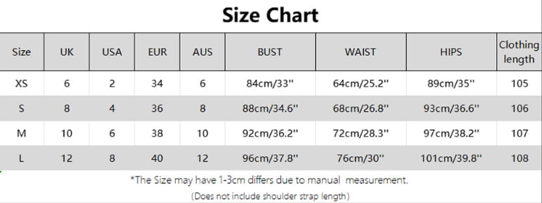 Size chart displaying uk, usa, eur, and aus measurements for an elegant black strapless flared midi dress.