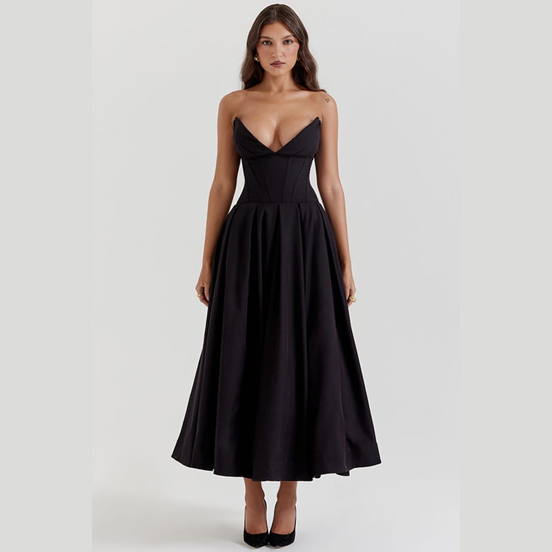 Elegant black strapless flared midi dress featuring a fitted bodice and flowing skirt made from a smooth fabric for formal occasions.