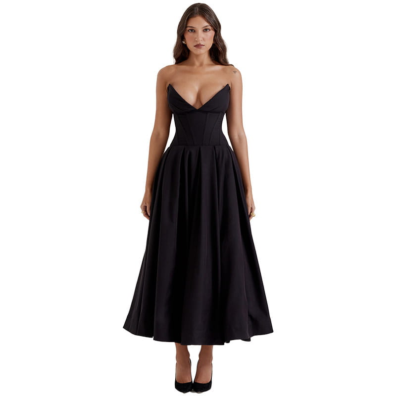 Elegant black strapless midi dress featuring a fitted bodice and flared skirt perfect for formal occasions.