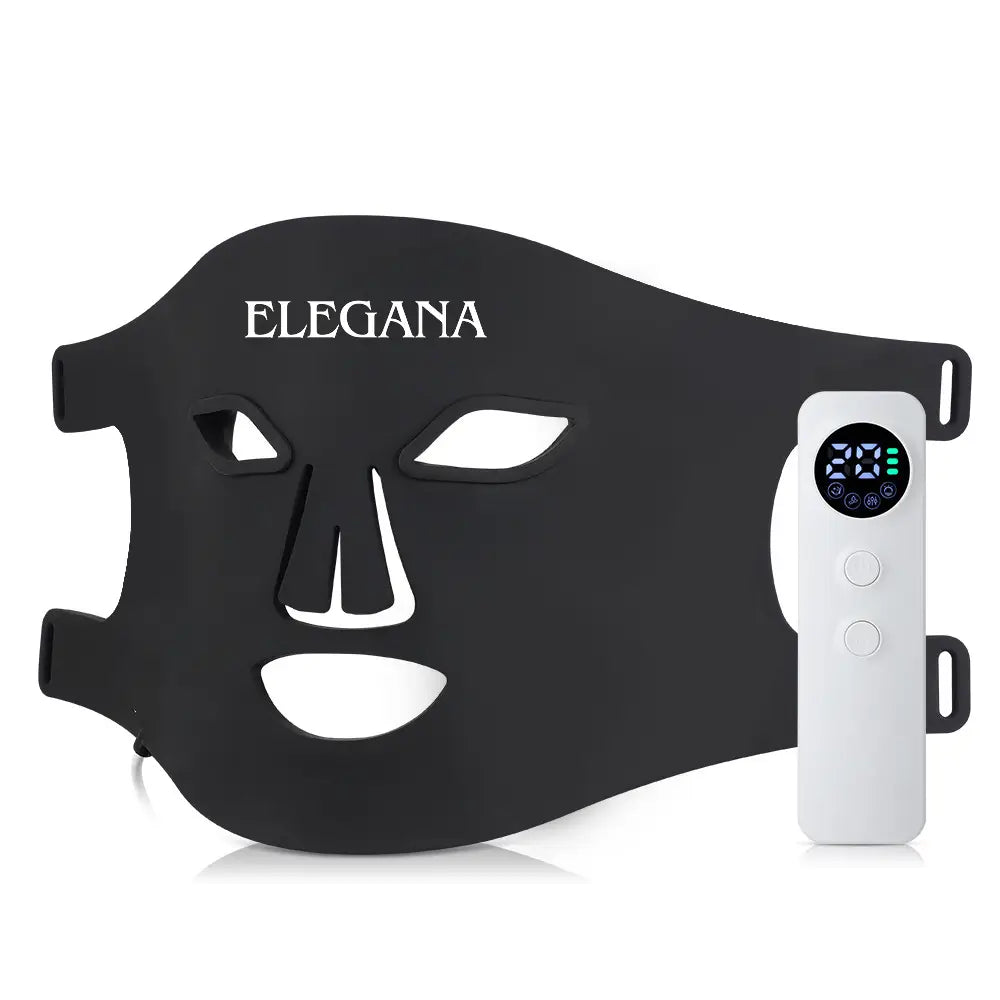 「Custom Beauty Instrument Black Facial Mask with Remote（カスタム ビューティー インストゥルメント ブラック フェイシャルマスク with リモート）」に付属する、目・鼻・口のための白い切り抜きが施されたブラックのエレガナ型フェイシャルマスクと、洗練された白いリモートコントロール。