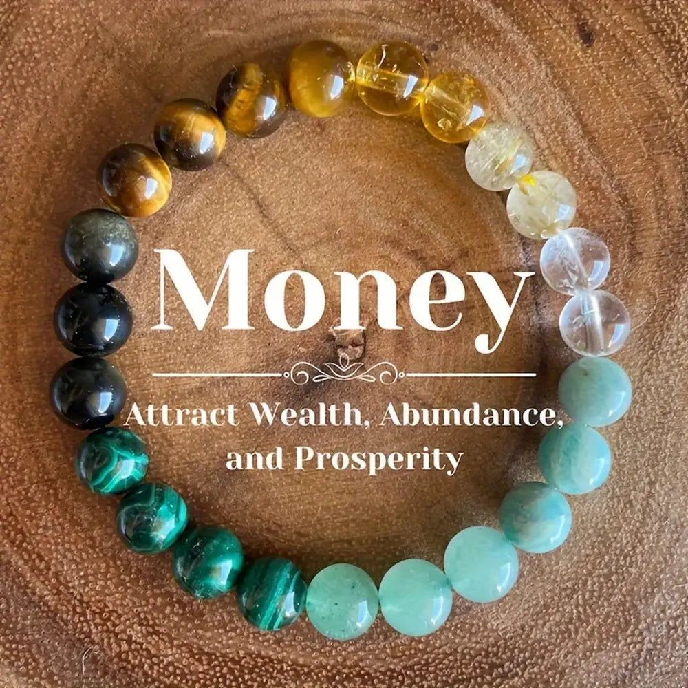 A colorful natural multi-gemstone beaded bracelet featuring tiger eye, clear quartz, amazonite, and malachite stones arranged in a circular pattern for healing crystal use.