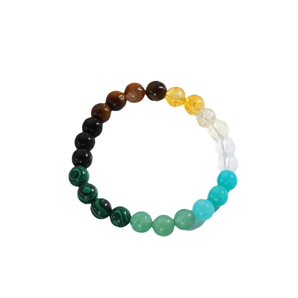 natural multi-gemstone beaded bracelet featuring a colorful gradient of earthy browns vibrant greens translucent yellows and blues with healing crystals