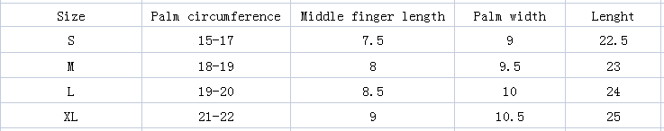 Le tableau présente des indications de tailles pour des gants de ski et de cyclisme imperméables à fermeture éclair pour écran tactile, avec des mesures pour le tour de paume, la longueur de l’index au niveau de la deuxième phalange et la longueur totale, pour les tailles S à XL.