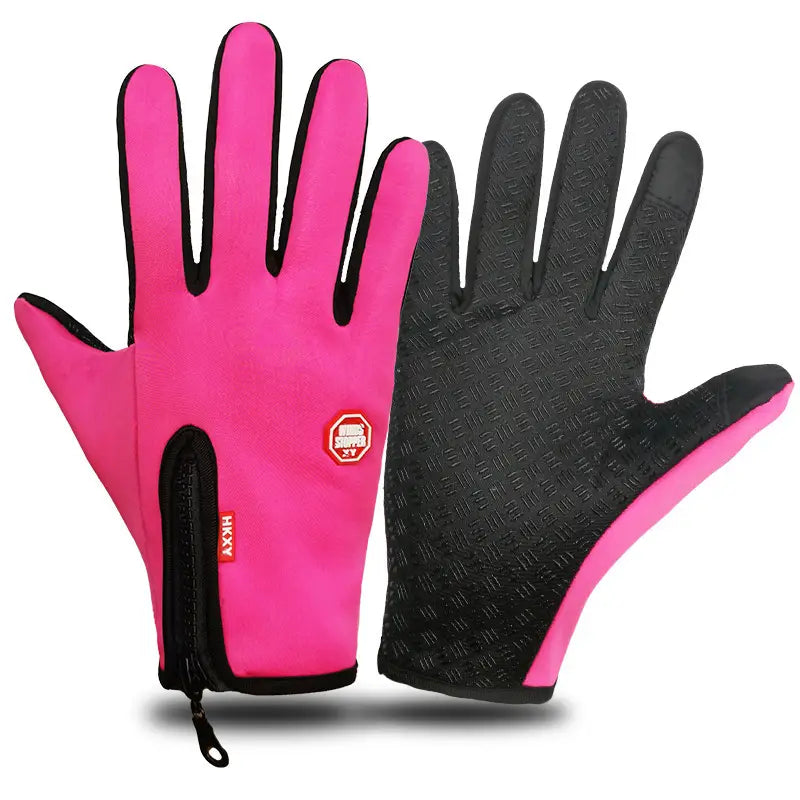 Gants de ski et de cyclisme imperméables à fermeture éclair pour écran tactile rose vif et noir, avec une prise texturée sur la paume, visible depuis le côté arrière.