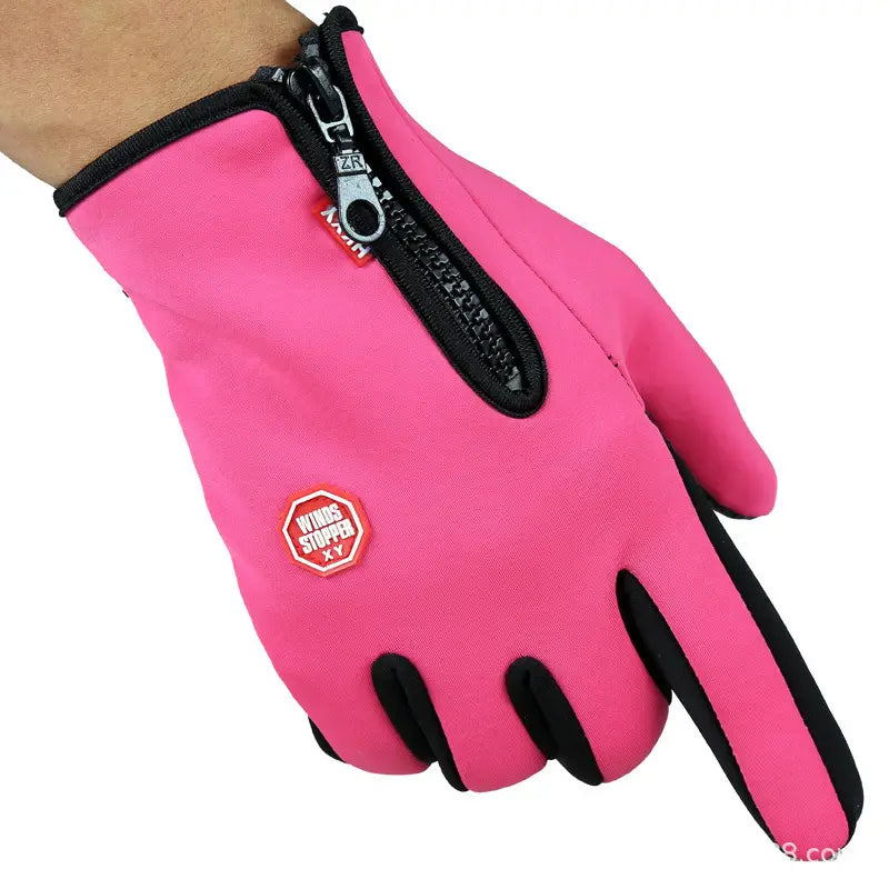 Gant de ski et de cyclisme imperméable à fermeture éclair pour écran tactile rose vif, avec des accents noirs et une fermeture éclair au dos de la main, visible depuis le côté arrière