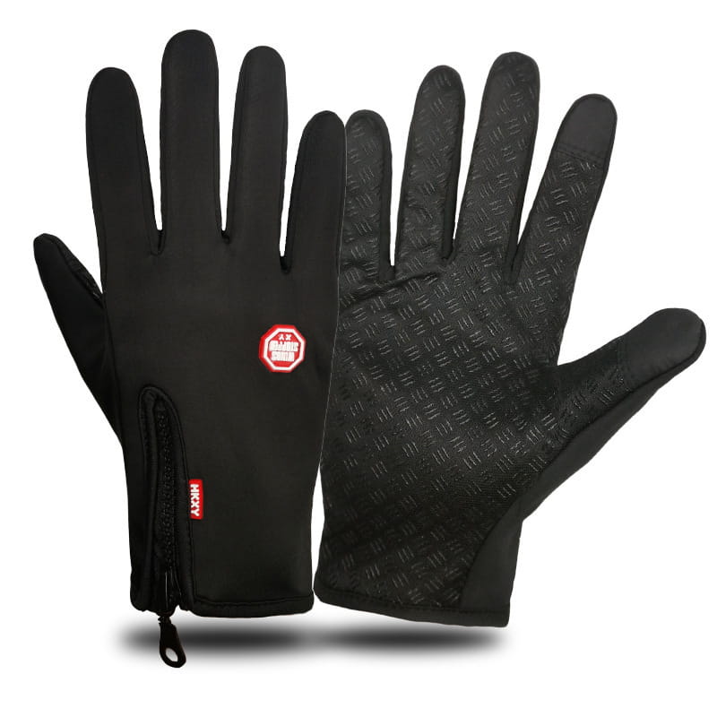Gants de ski et de cyclisme imperméables à fermeture éclair pour écran tactile noirs, avec une prise texturée sur les paumes et les doigts, présentant un écusson de logo rouge et une poche à fermeture éclair sur le côté arrière.