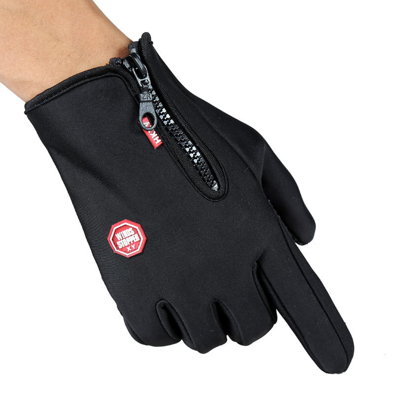Gants de ski et de cyclisme imperméables coupe-vent « Windstopper » XV pour écran tactile, avec une fermeture éclair au dos et un écusson de logo hexagonal rouge, visible depuis le côté arrière