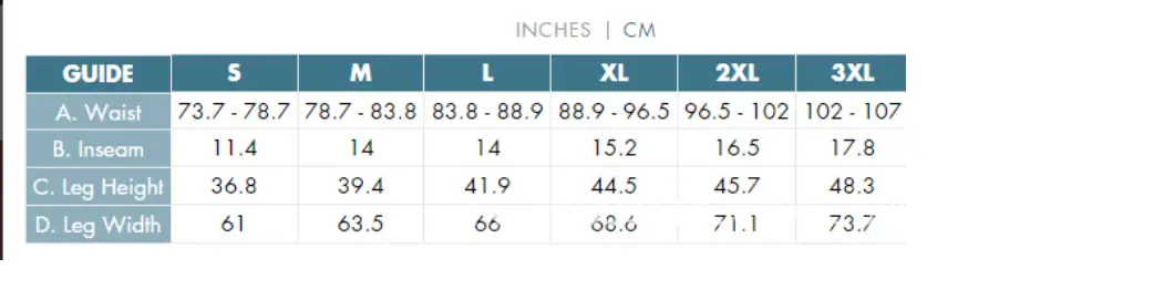 Size chart for printed men beach shorts summer swim trunks showing pants measurements in inches and centimeters for sizes S through 3XL.