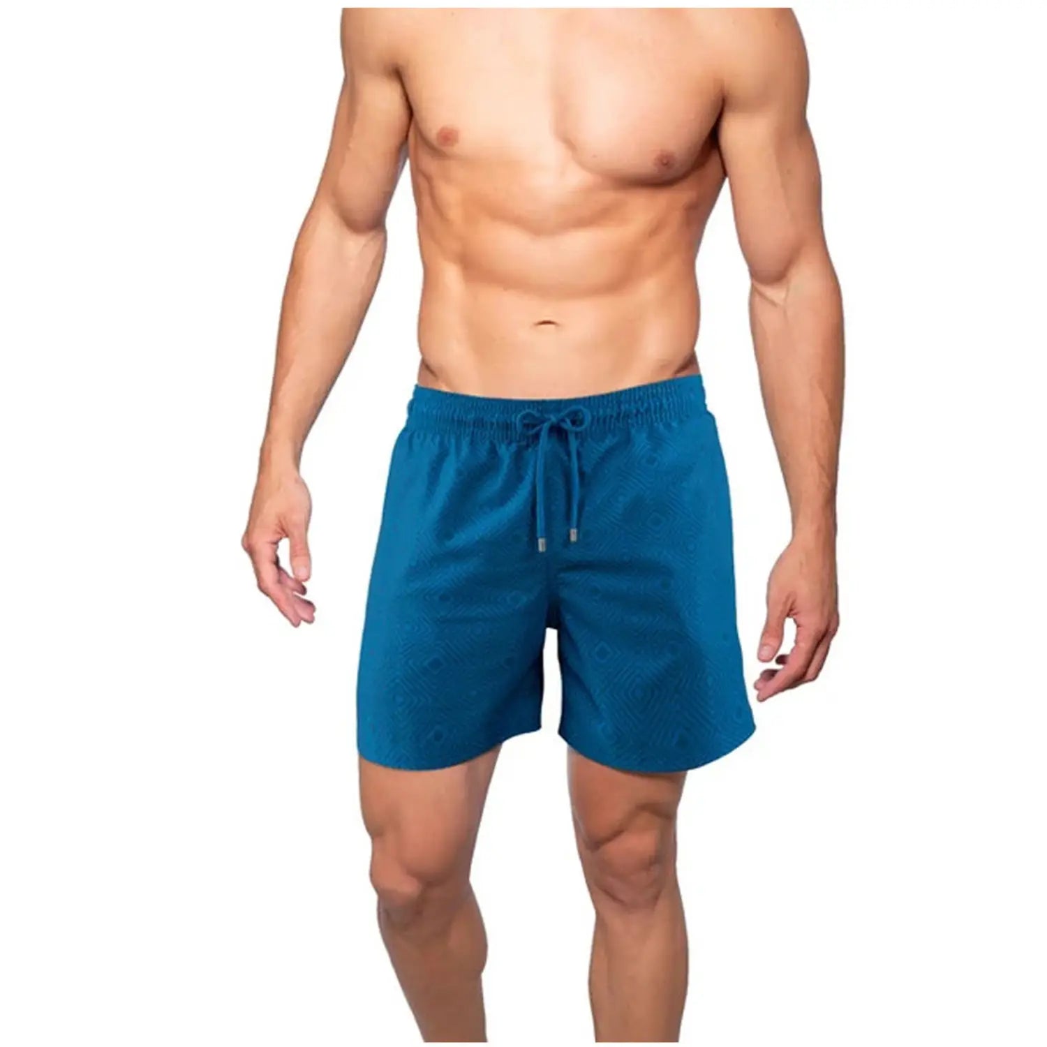 Teal-colored printed men beach shorts with a drawstring waistband designed as summer swim trunks.