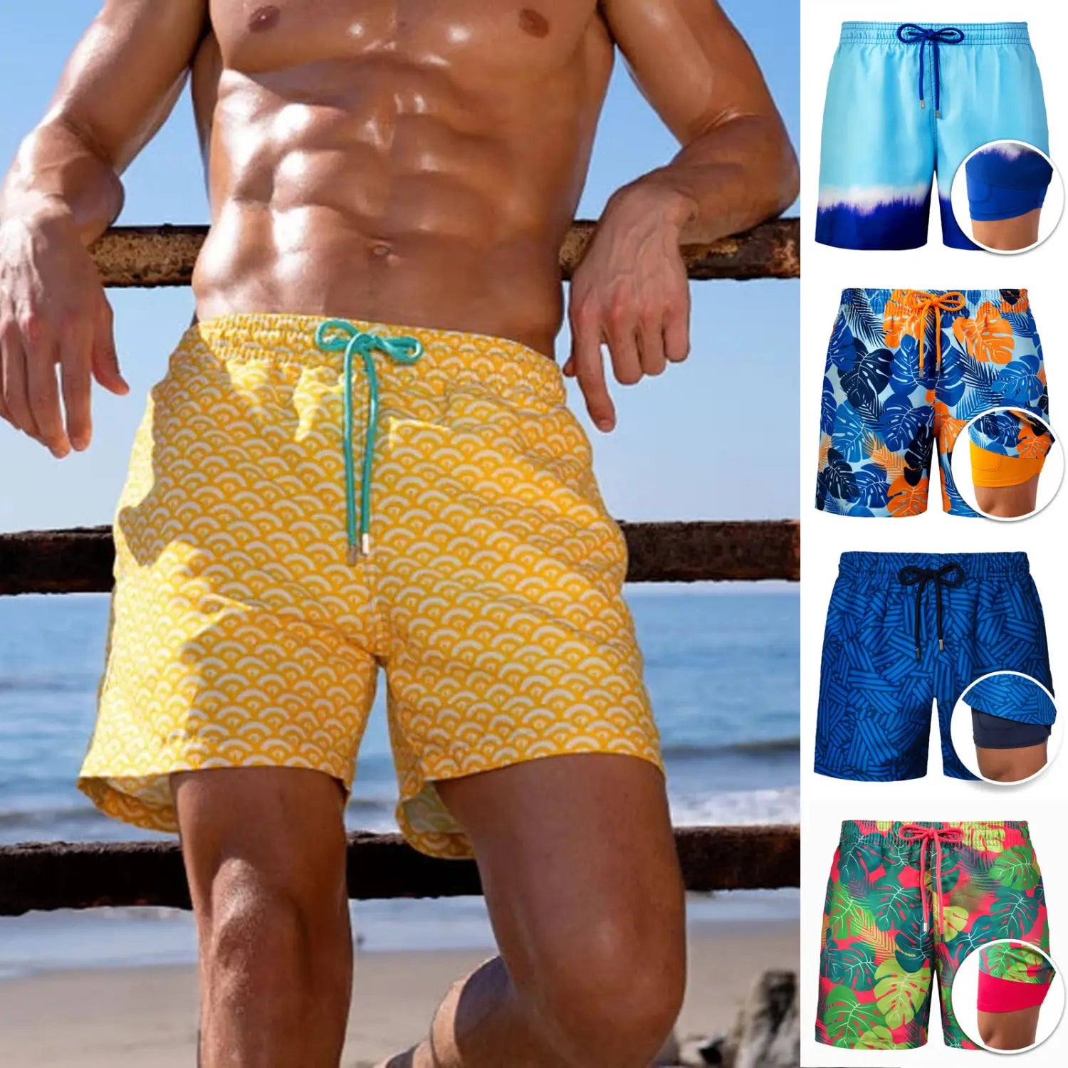 Bright yellow printed men beach shorts with a repeating scallop pattern and teal drawstring designed for summer swim trunks.