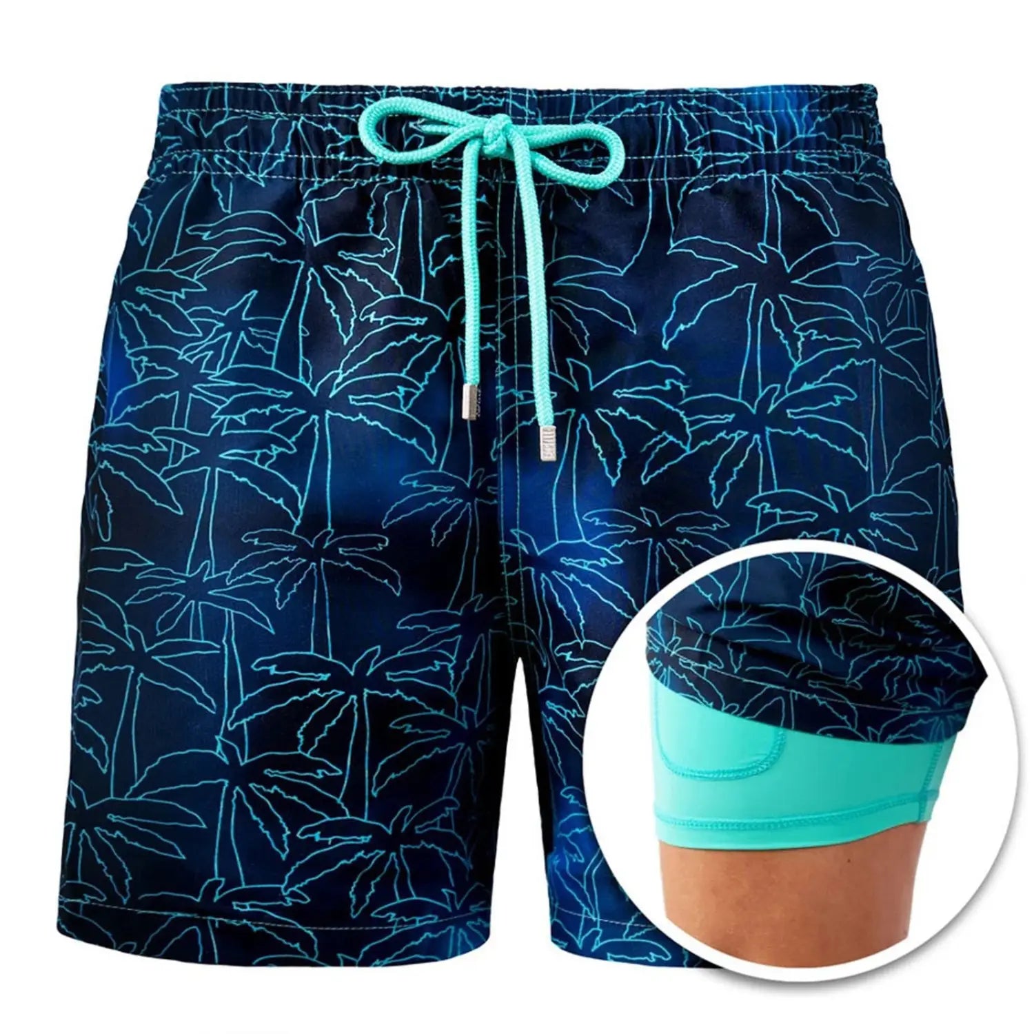 Printed men beach shorts summer swim trunks feature dark blue fabric with light blue palm tree outlines and a matching turquoise drawstring for a stylish beachwear look.