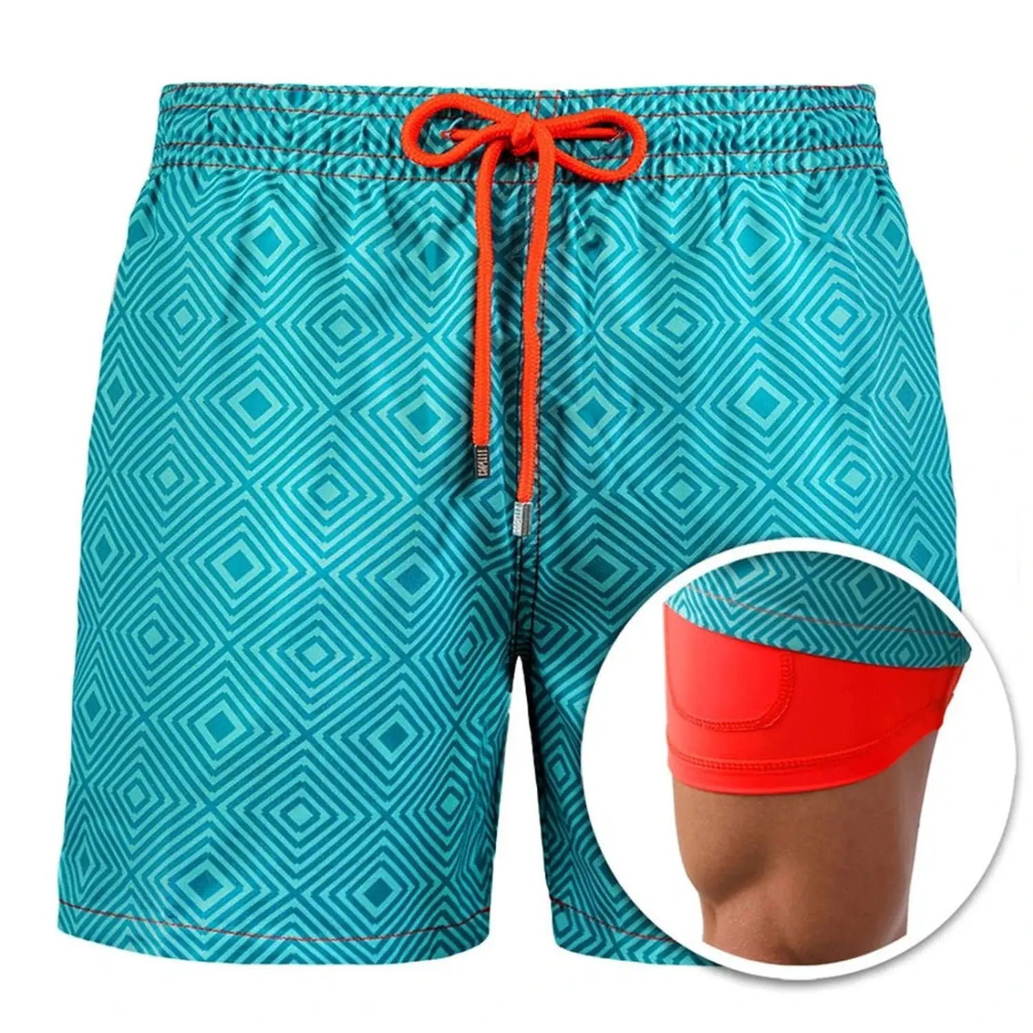Teal printed men beach shorts summer swim trunks with a geometric diamond pattern and orange drawstring featuring an inner red compression layer.