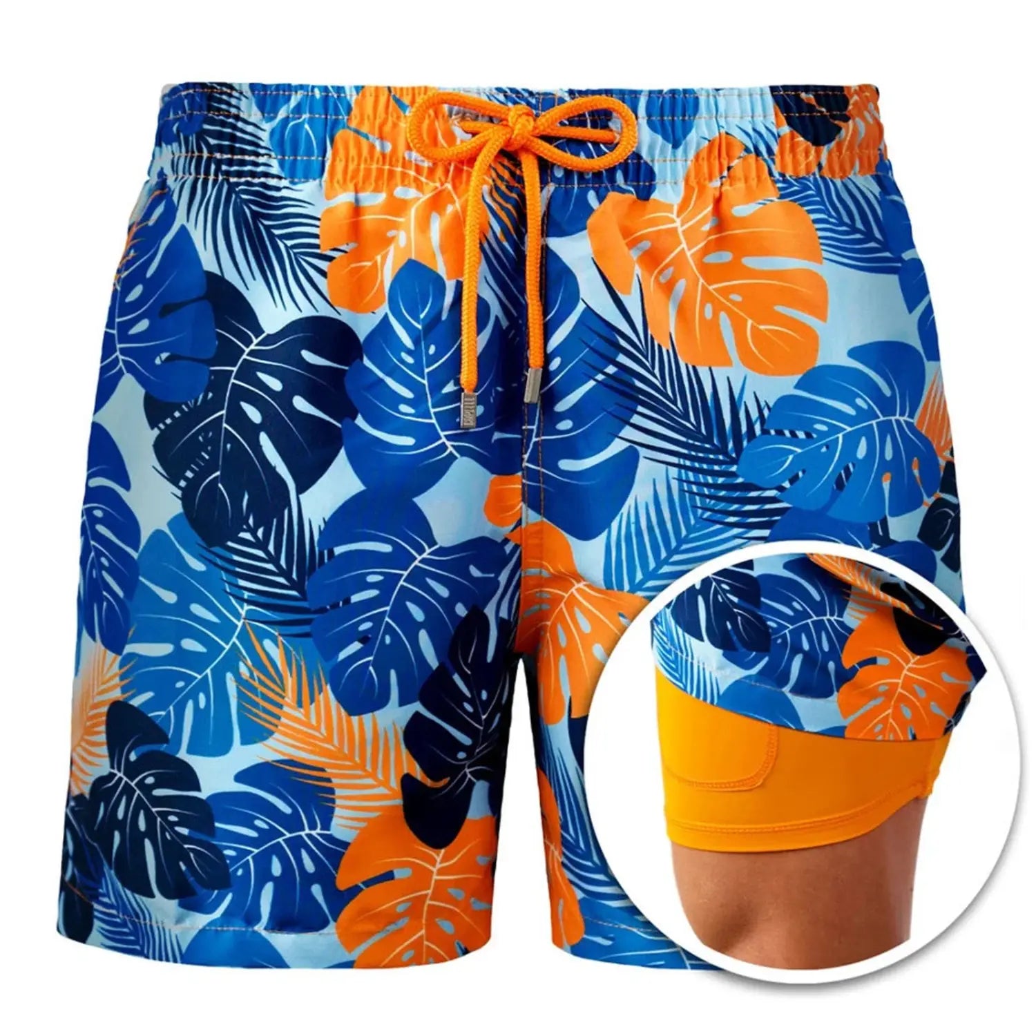 Printed men beach shorts with brightly colored swim trunks featuring a bold tropical leaf pattern in shades of blue, orange, and black on a light background for summer swimwear.