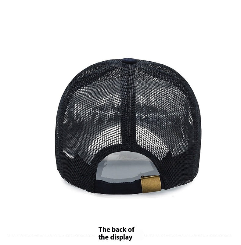 Black mesh trucker hat with gold-tone adjustable strap shown from the back for men breathable mesh baseball cap spring summer