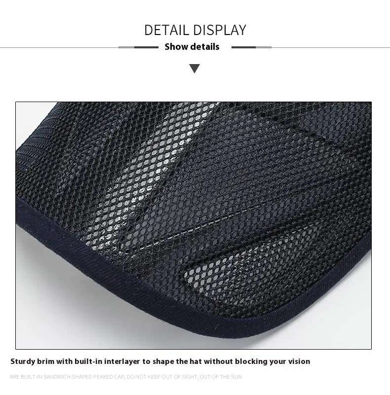 Black breathable mesh baseball cap with a sturdy brim and built-in interlayer designed for men in spring and summer.