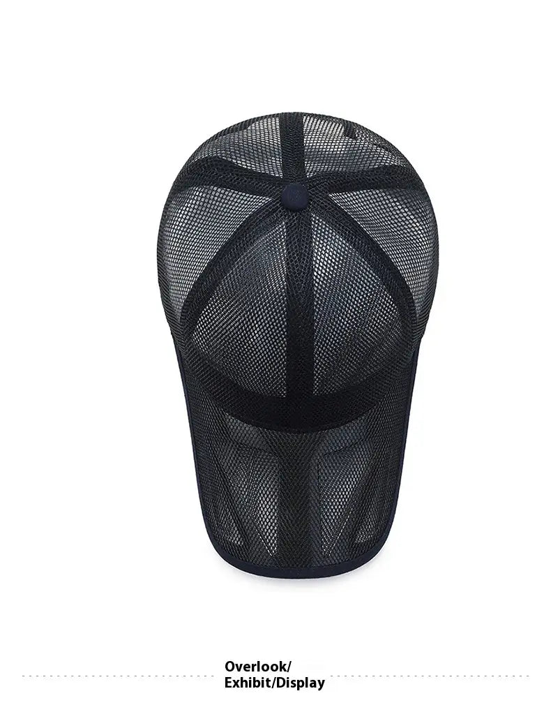 black mesh trucker hat with a solid black adjustable strap and button shown from the back suitable for men breathable mesh baseball cap spring summer use.