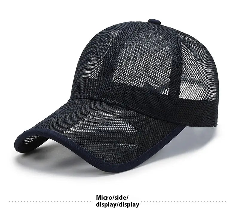 Black breathable mesh baseball cap with curved brim and adjustable strap suitable for spring and summer wear.