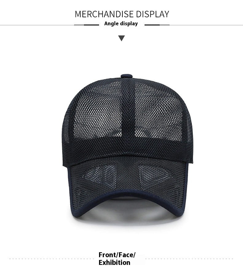 Black breathable mesh baseball cap with curved brim and adjustable strap for spring and summer use shown from the back side.