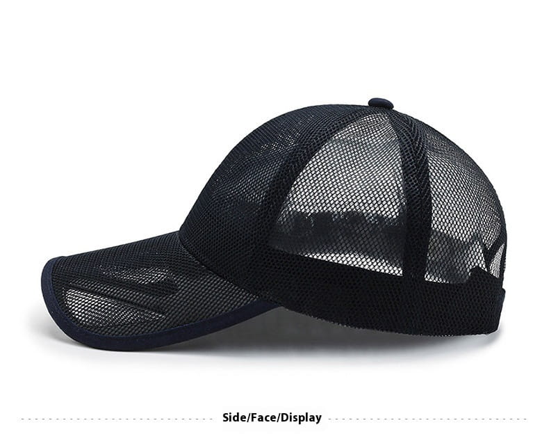 Black breathable mesh baseball cap with curved brim and adjustable strap shown from the back side suitable for spring and summer.