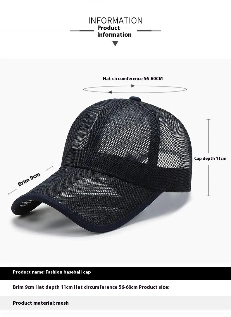 black breathable mesh baseball cap with a structured brim and adjustable back suitable for spring and summer use shown from the back side