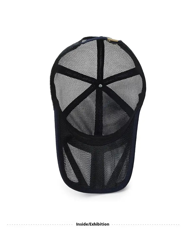 Black breathable mesh trucker cap with structured brim and adjustable strap designed for men spring summer use.