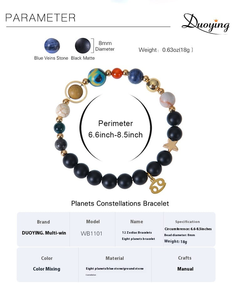 A celestial zodiac planet matte stone beaded bracelet featuring black matte stones, blue veined stones, and gold-toned metallic accents with planet-shaped charms.
