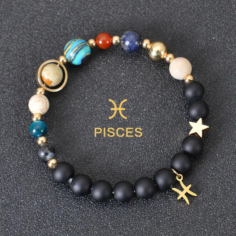 Celestial zodiac planet matte stone beaded bracelet featuring black matte beads, colorful blue, red, and gold gemstone-like planets, a metallic ring accent, and a golden star charm.