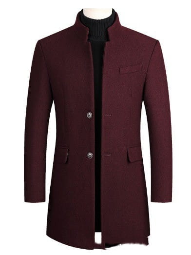 Men cotton woolen overcoat in maroon with stand collar two front pockets and silver buttons made of woolen material.