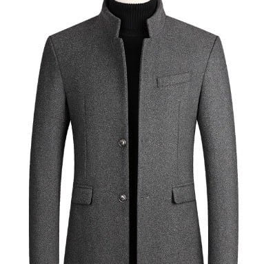 Gray textured wool blazer with a stand-up collar and two front pockets from the men cotton woolen overcoat stand collar collection.